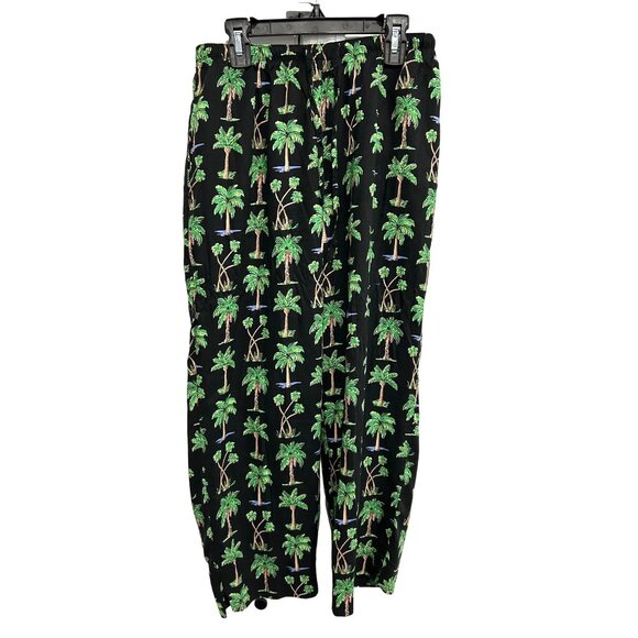 Weekend Traffic Tropical Palm Tree Print Pajama Pants S Elastic Waist Black Gree - Picture 1 of 8